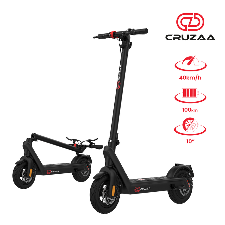 a black scooter with red text
