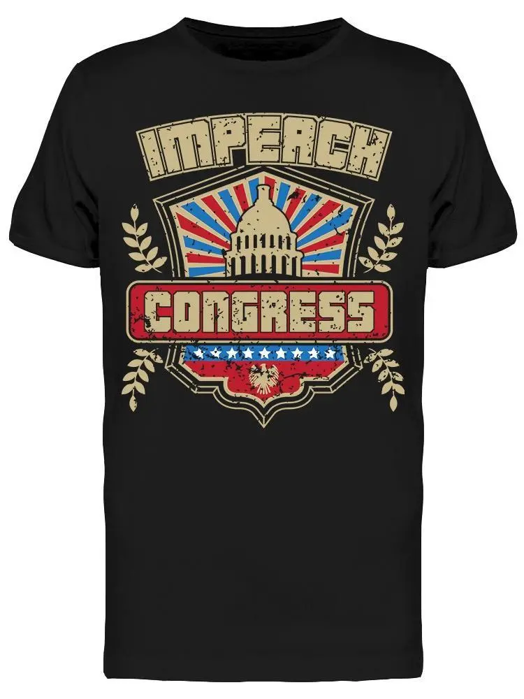 a black t-shirt with a white building and red and blue text