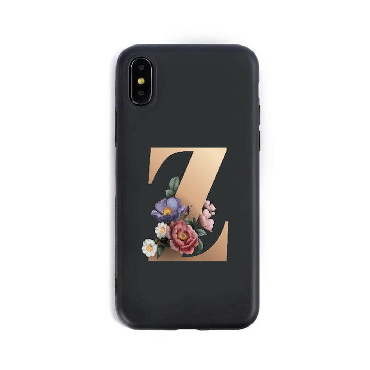 a black phone case with a letter on it