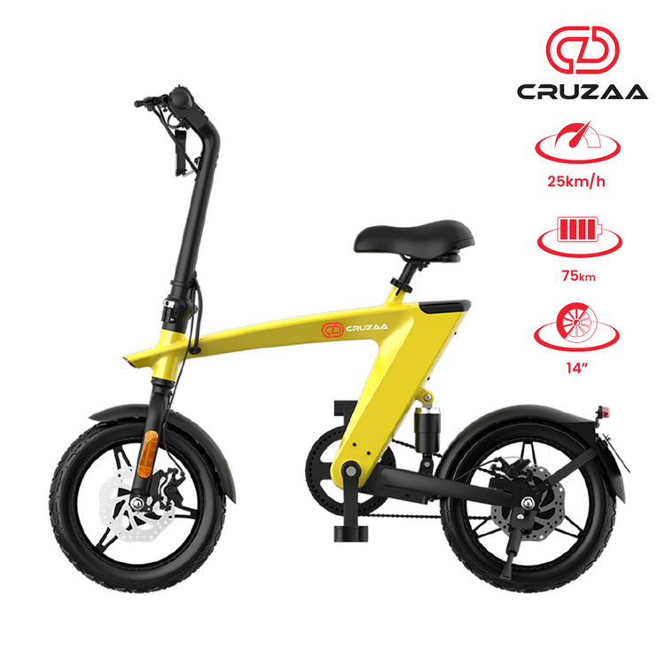 a yellow folding bike with black wheels