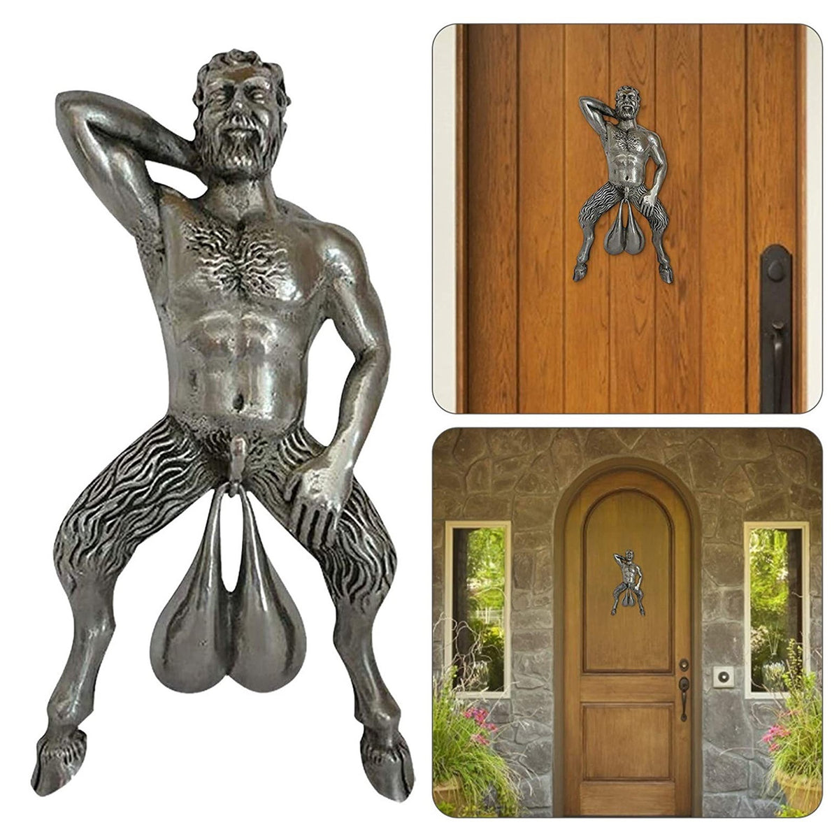 a metal statue of a man with a bag of fruit from the front door
