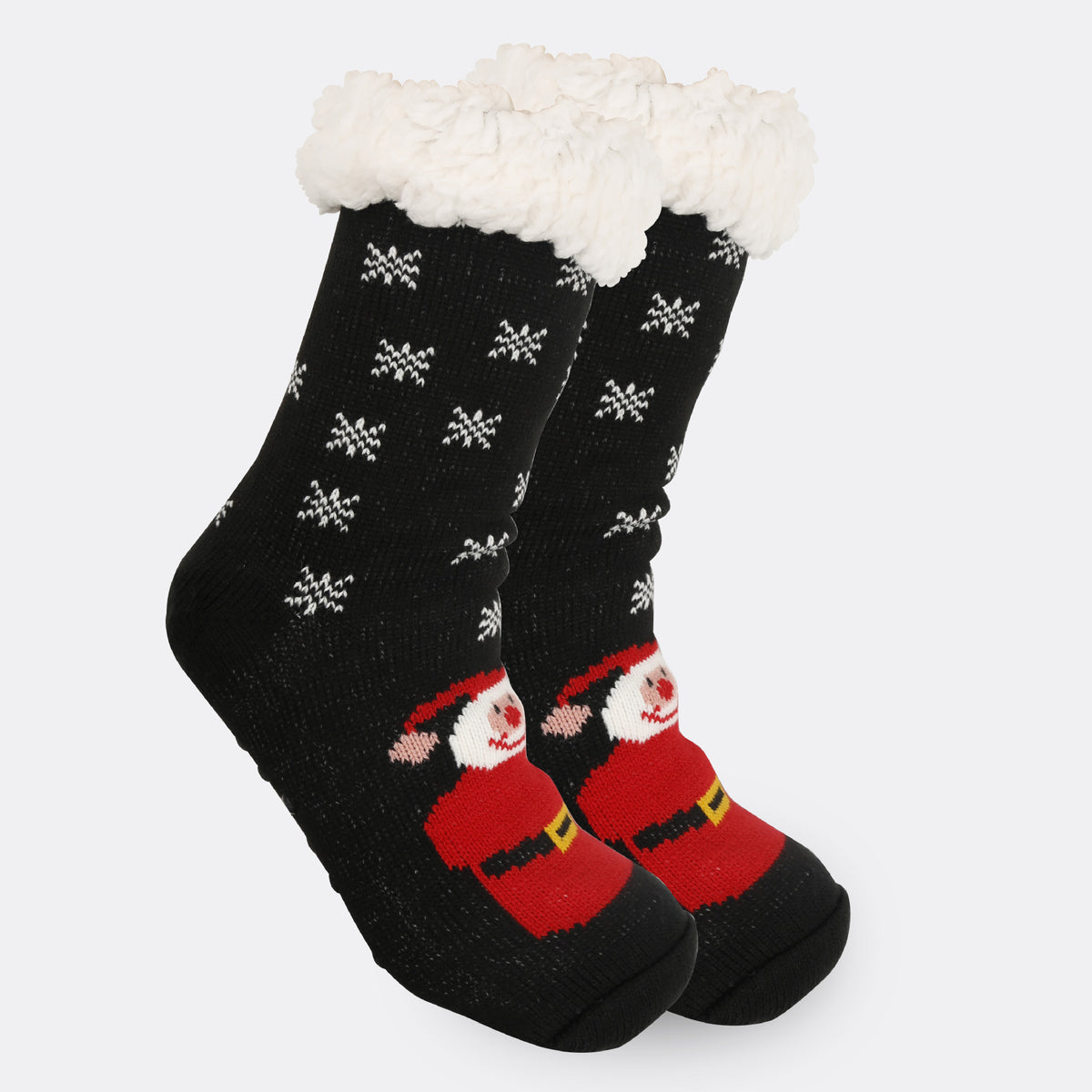 a pair of black socks with a santa claus design