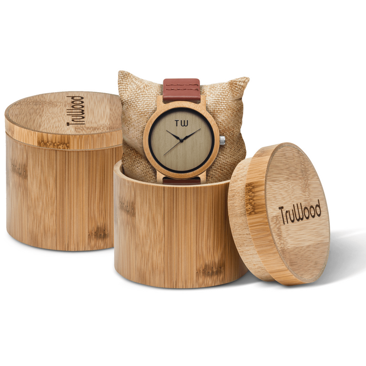 a wooden watch in a round container
