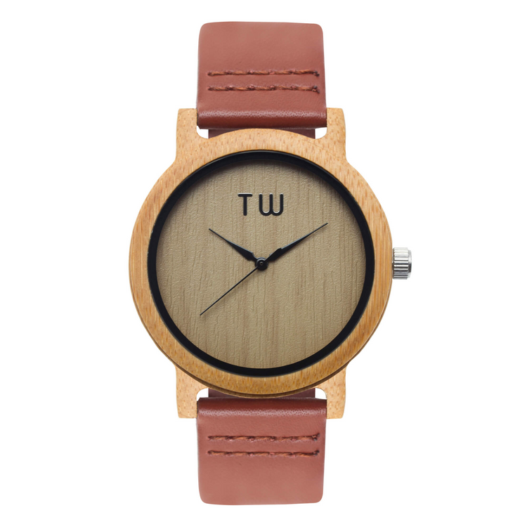 a wooden watch with a brown band