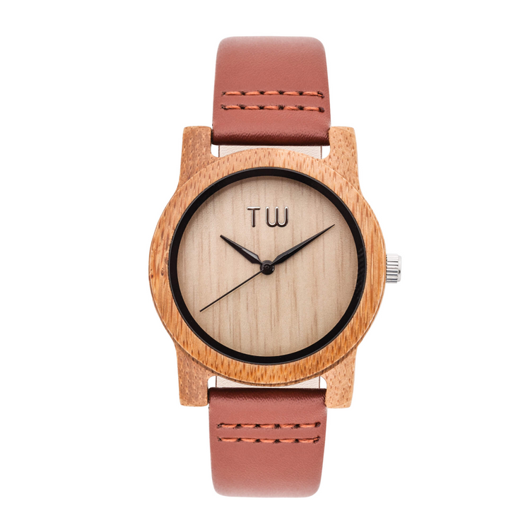 a wooden watch with a brown band
