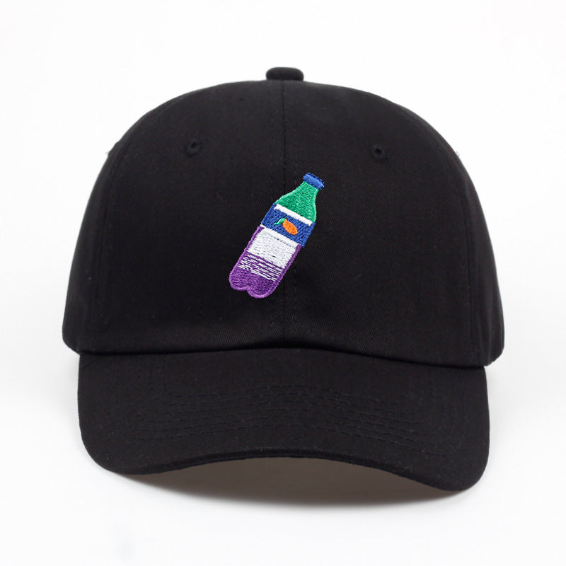 a black hat with a bottle on it