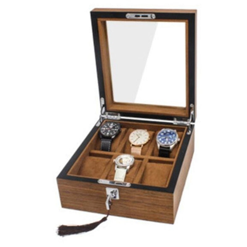 a wooden box with several watches inside