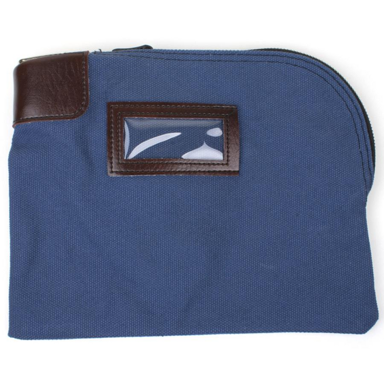 a blue bag with a brown leather strap