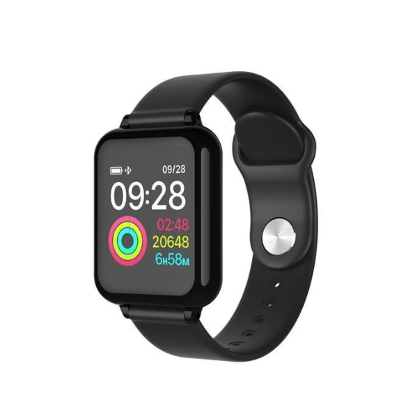 a black smart watch with a black strap