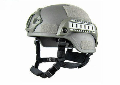 a grey helmet with straps