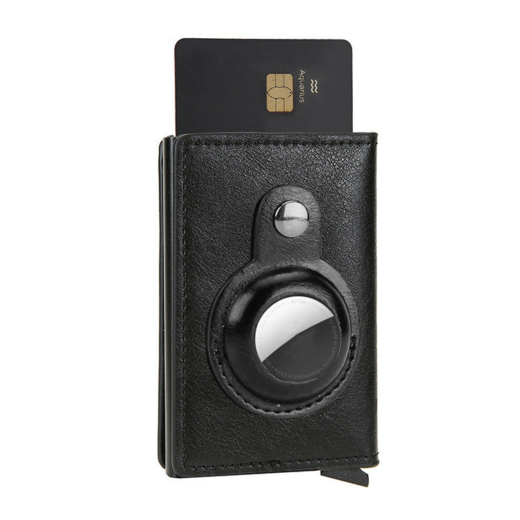 a black leather wallet with a credit card in it