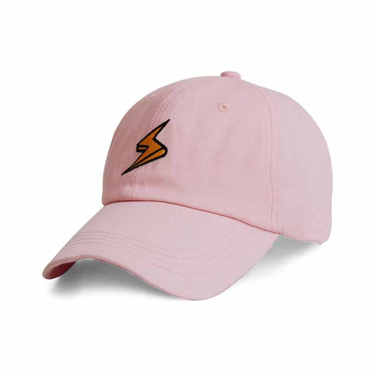 a pink hat with a lightning bolt on it