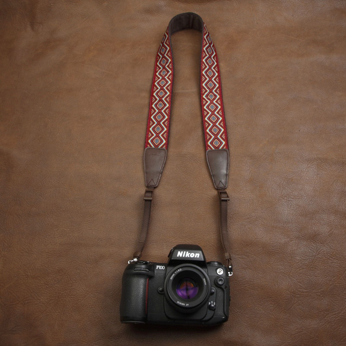 a camera on a leather surface