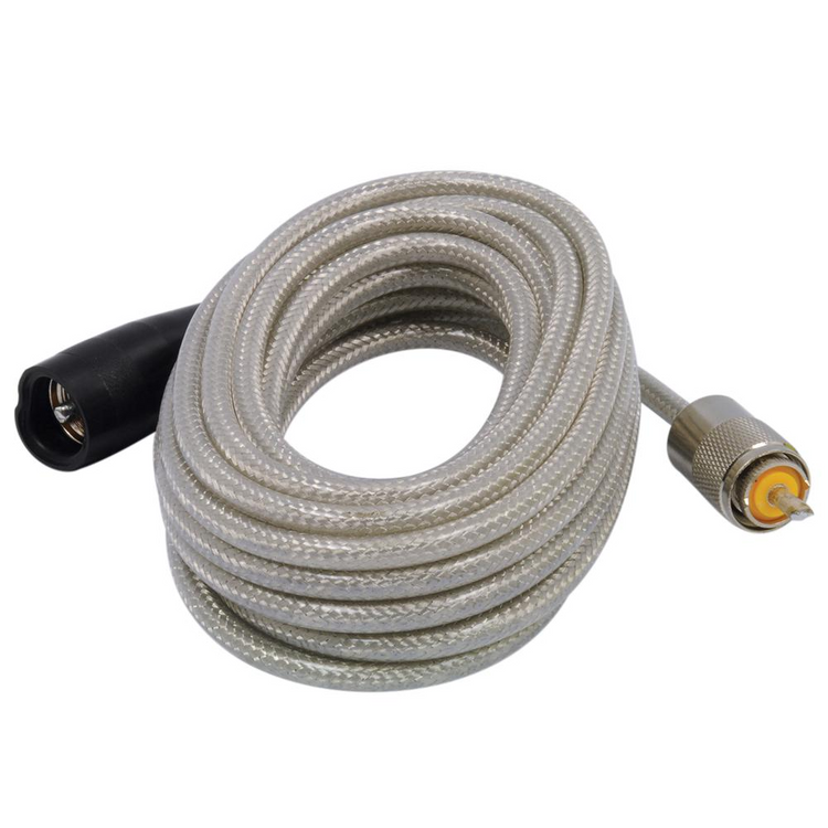 a coiled grey cable with a black end