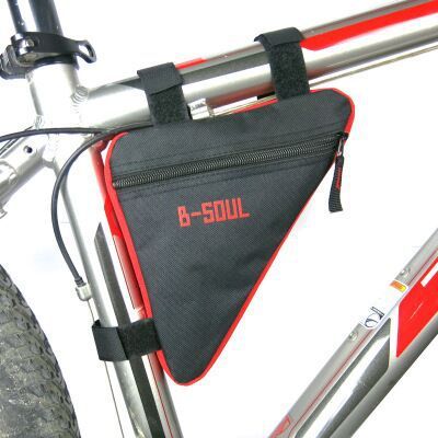 a black and red bag on a bicycle