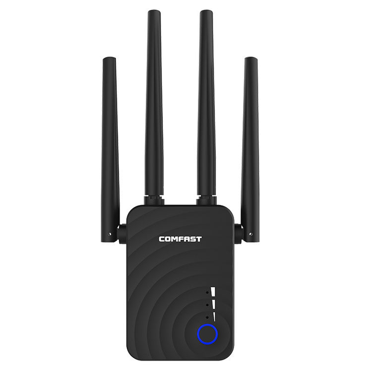 a black wireless router with multiple antennas