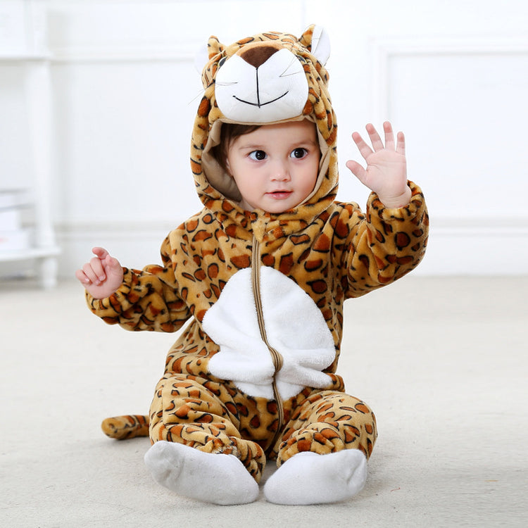 a baby in a leopard garment