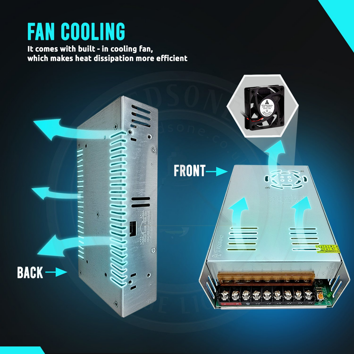 a computer power supply with a fan and a fan