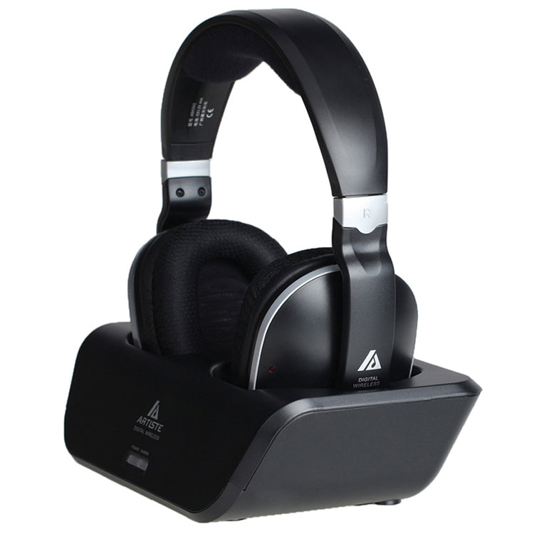 a black headphones in a charging station