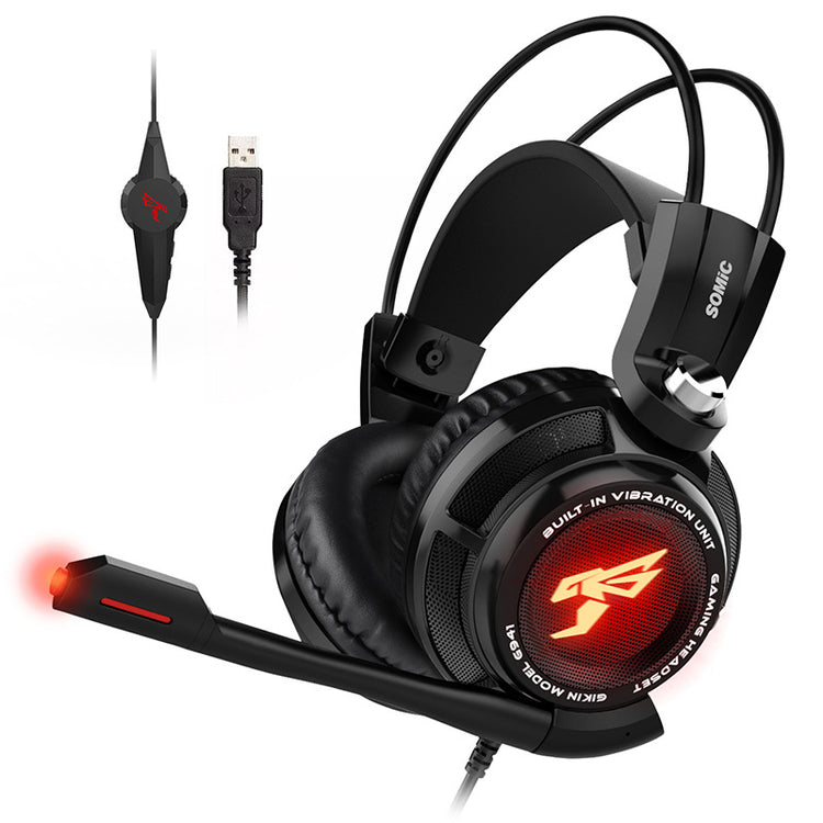 a black headphones with a red light
