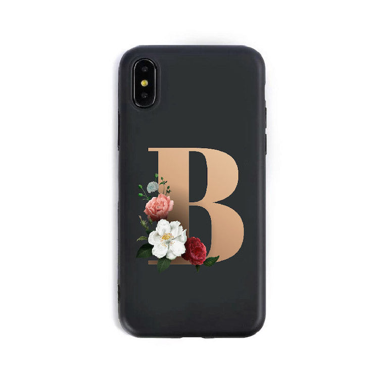 a black phone case with a letter on it