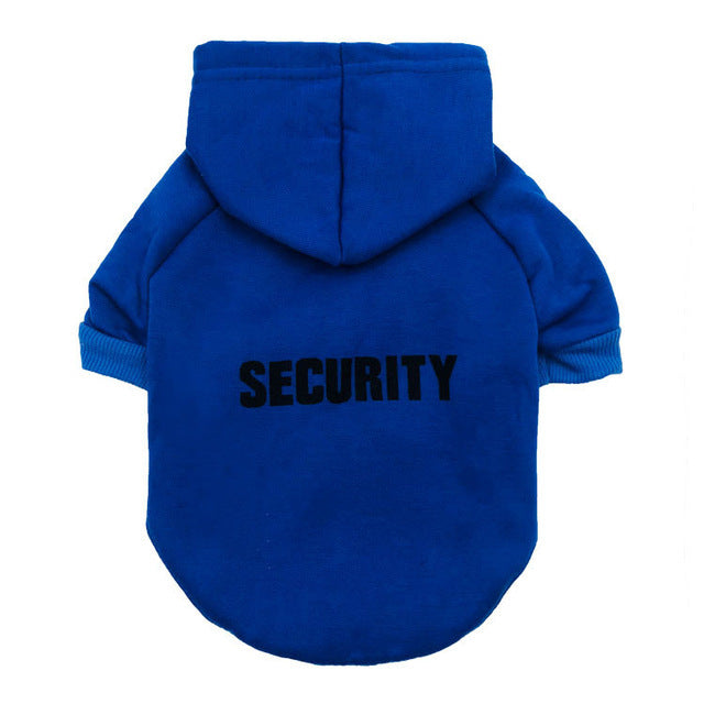 a blue dog jacket with black text
