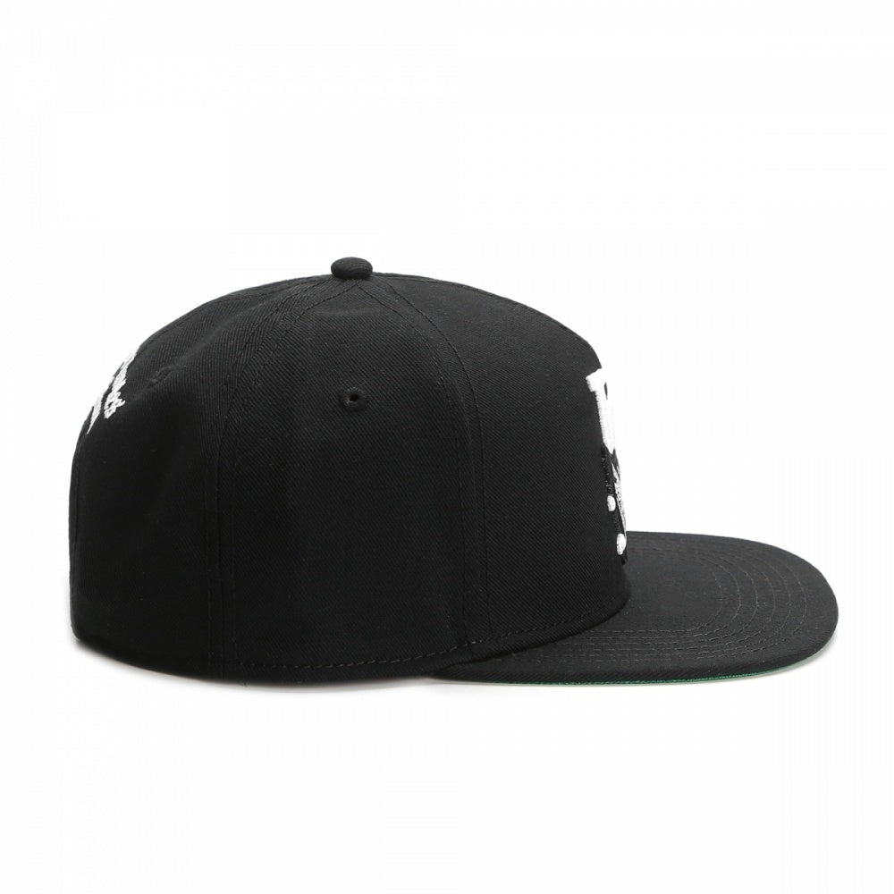 a black hat with white text on it