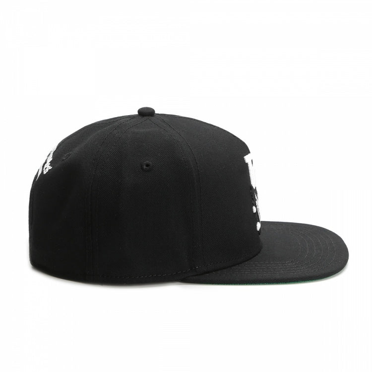 a black hat with white text on it
