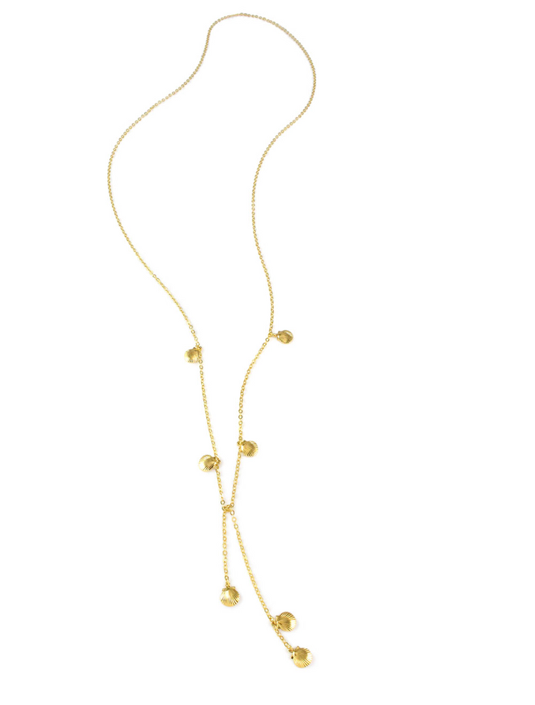 a gold necklace with small beads