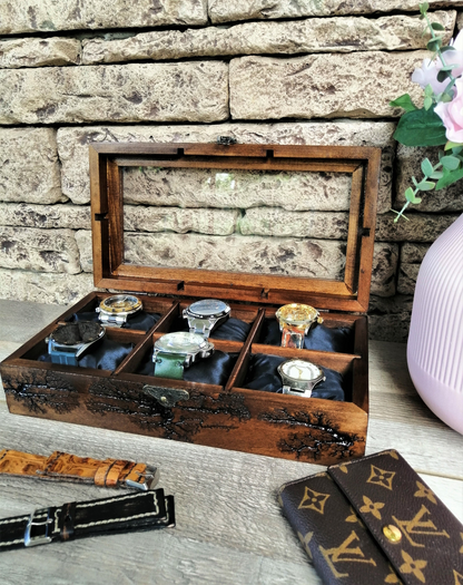 Wood Watch Box,  Display Watch Case, Watch Organizer 6 Dividers, Luxury Gift for Men