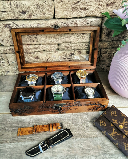 Wood Watch Box,  Display Watch Case, Watch Organizer 6 Dividers, Luxury Gift for Men