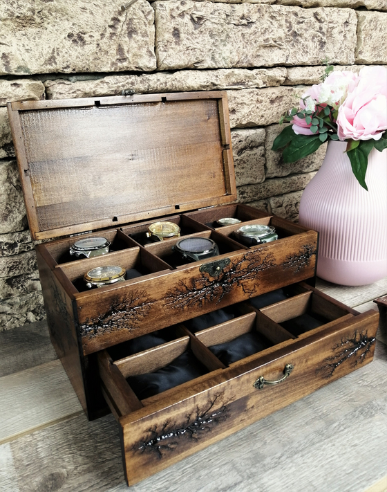 Watch Box With Drawer, Lichtenberg Figure, Watch Storage Solid Wood Personalized Box for 12 Watches by Voldor