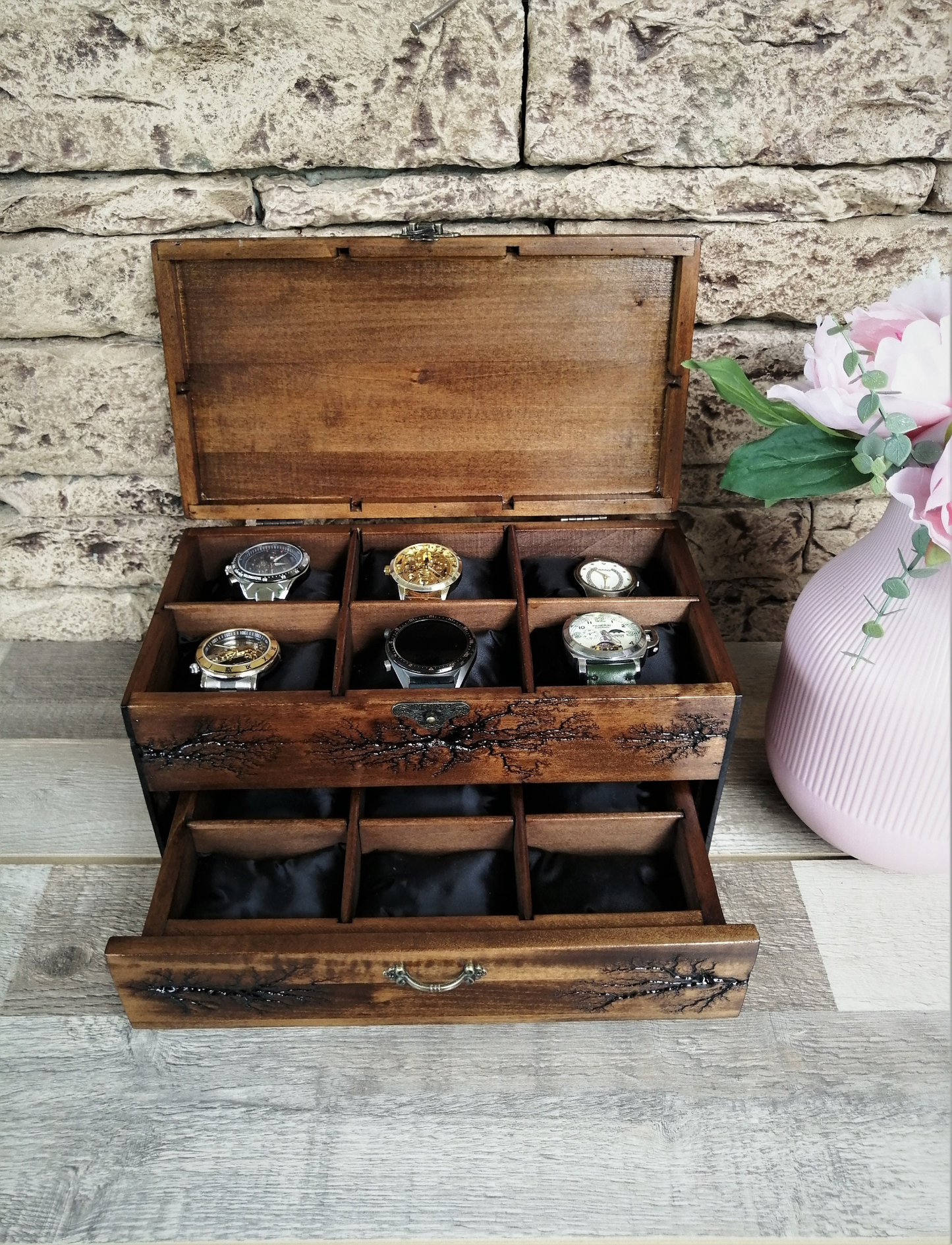 Watch Box With Drawer, Lichtenberg Figure, Watch Storage Solid Wood Personalized Box for 12 Watches by Voldor