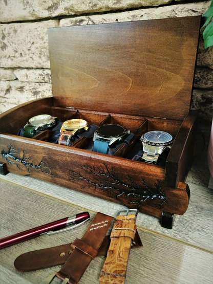 Watch Box Lichtenberg Figure, Watch Case Organizer with 4 Divider Slots