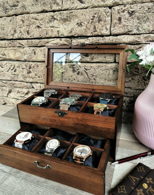 Watch Box for 12, Drawer Watch Case, Two Levels Wood Watch Box, Unique Gift for Dad