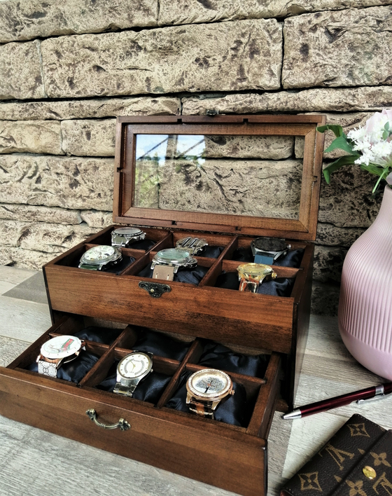 Watch Box for 12, Drawer Watch Case, Two Levels Wood Watch Box, Unique Gift for Dad