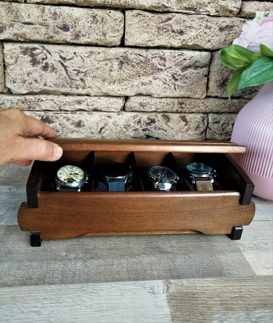 Wood Watch Box Handmade, Watch Organizer 4 Compartments, Birthday Husband Gift