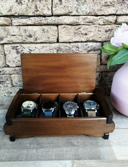 Wood Watch Box Handmade, Watch Organizer 4 Compartments, Birthday Husband Gift