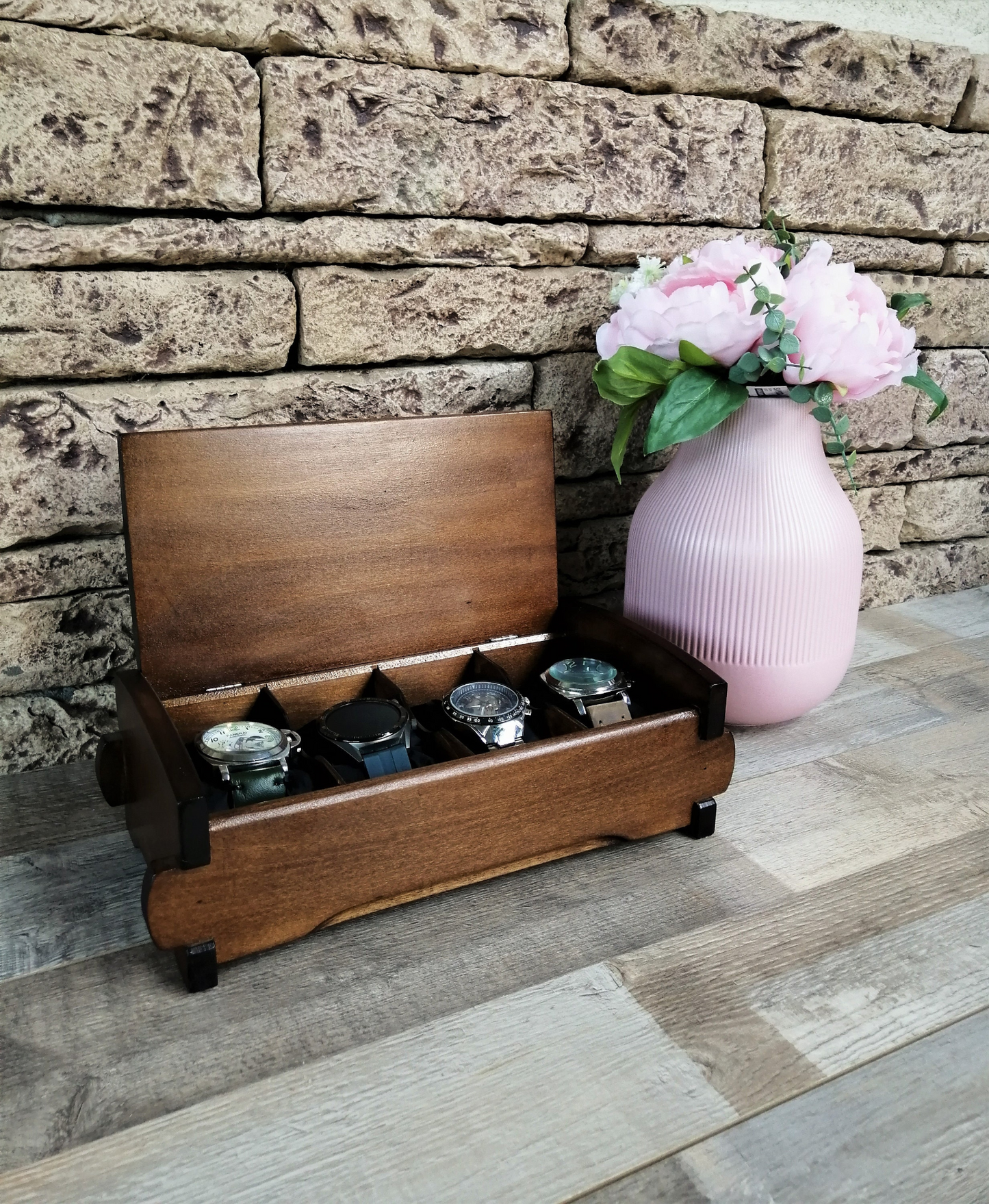 Wood Watch Box Handmade, Watch Organizer 4 Compartments, Birthday Husband Gift
