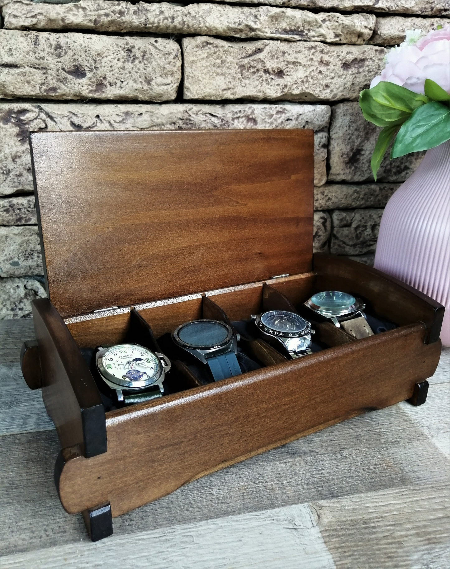Wood Watch Box Handmade, Watch Organizer 4 Compartments, Birthday Husband Gift
