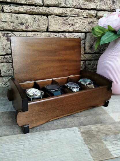 Wood Watch Box Handmade, Watch Organizer 4 Compartments, Birthday Husband Gift