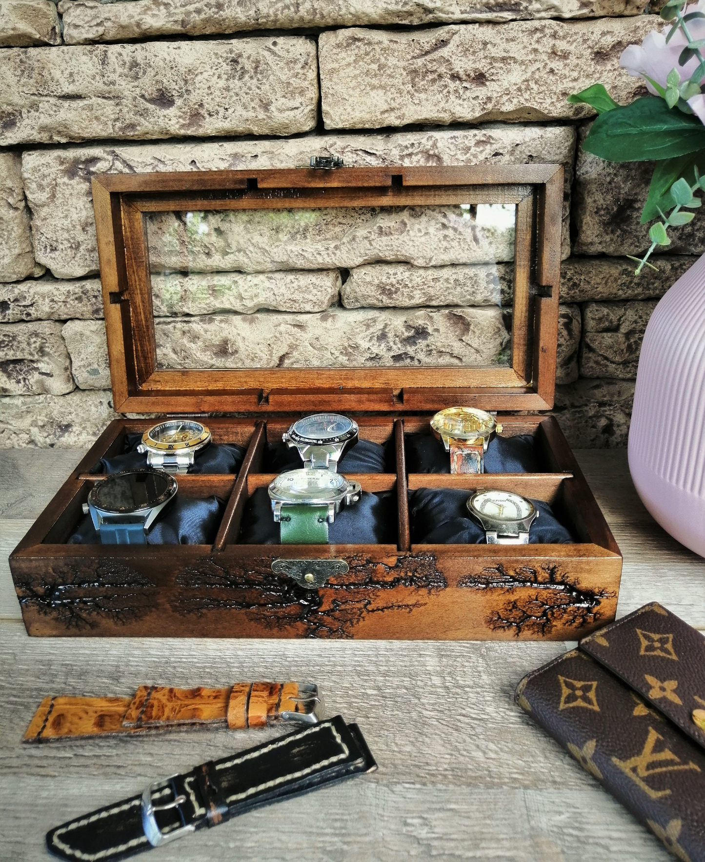 Watch Box Glass Display,  Handmade Watch Case 6 Slots, Lichtenberg Wood Box, Boyfriend Birthday Gift
