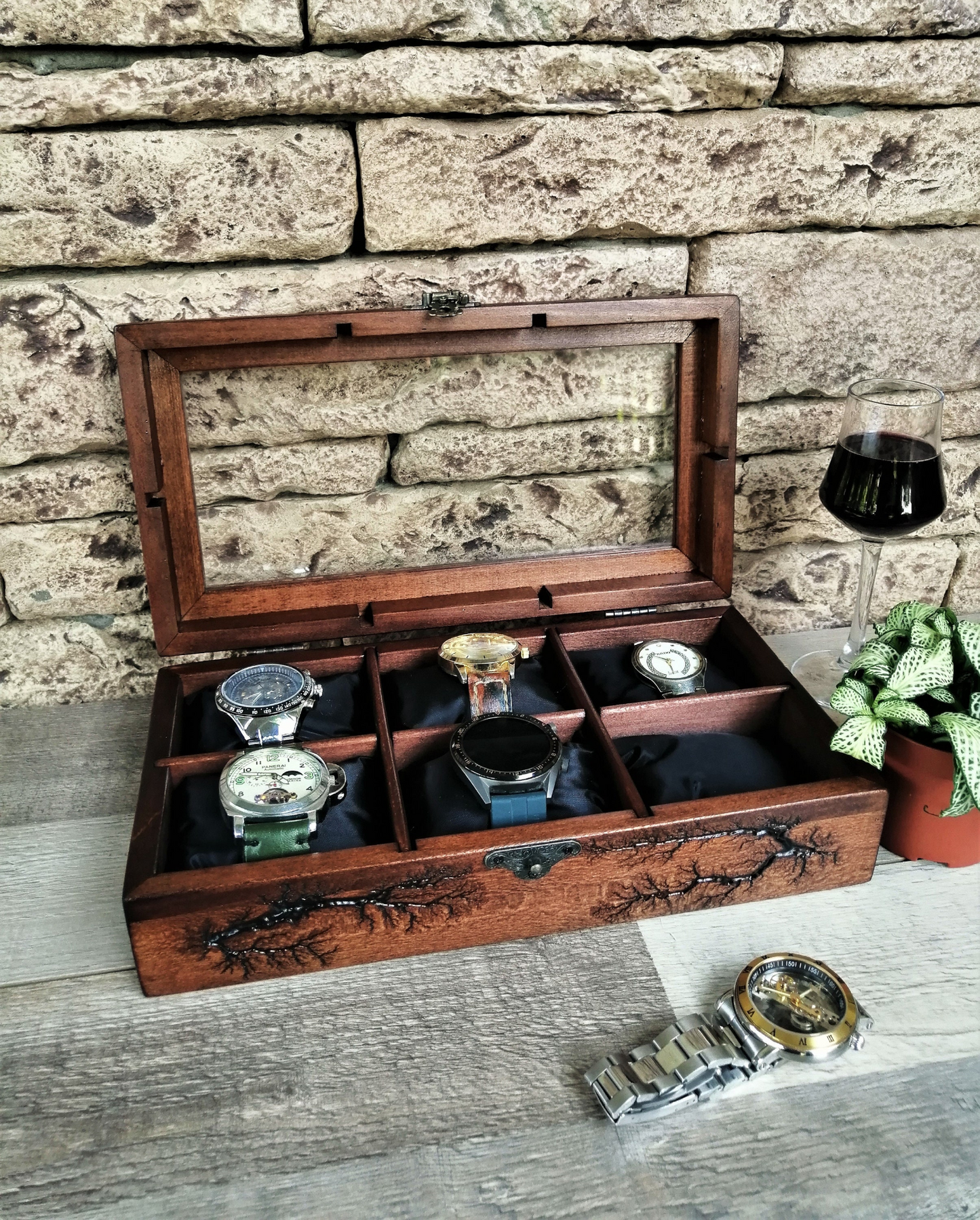 Watch Box Glass Display,  Handmade Watch Case 6 Slots, Lichtenberg Wood Box, Boyfriend Birthday Gift
