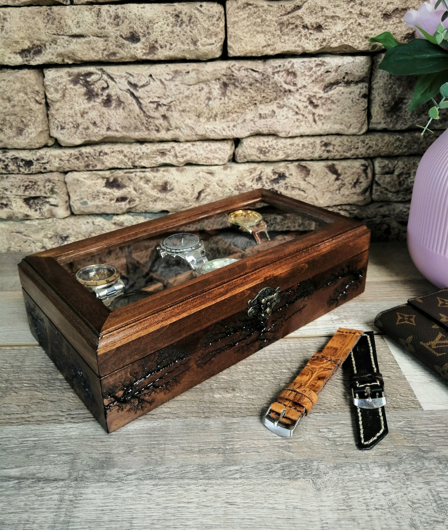 Watch Box Glass Display,  Handmade Watch Case 6 Slots, Lichtenberg Wood Box, Boyfriend Birthday Gift