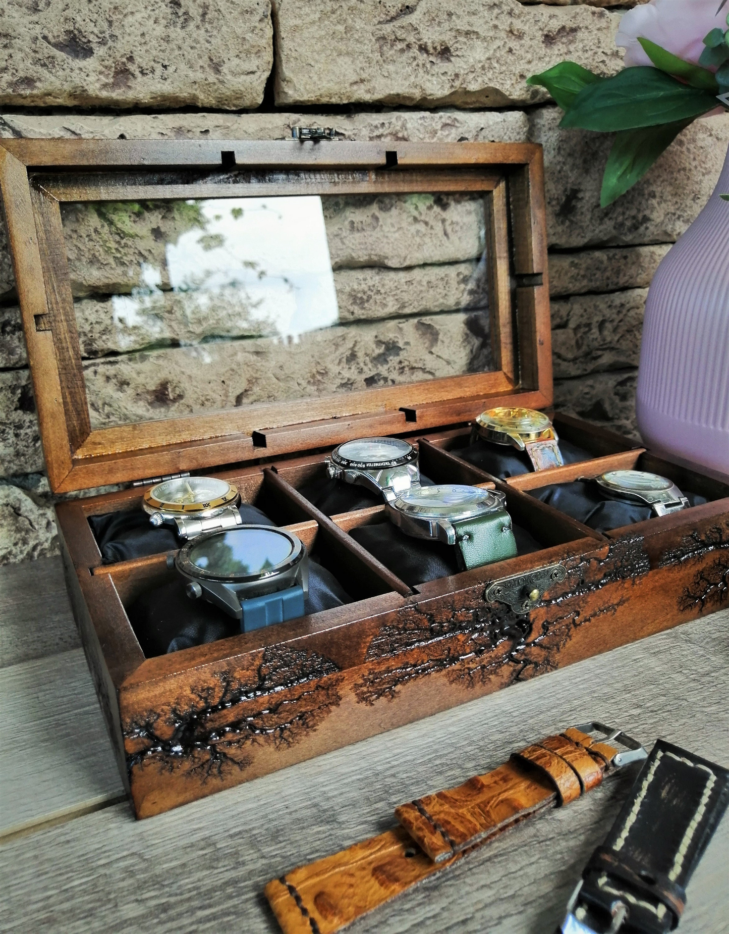 Watch Box Glass Display,  Handmade Watch Case 6 Slots, Lichtenberg Wood Box, Boyfriend Birthday Gift