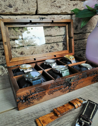 Watch Box Glass Display,  Handmade Watch Case 6 Slots, Lichtenberg Wood Box, Boyfriend Birthday Gift