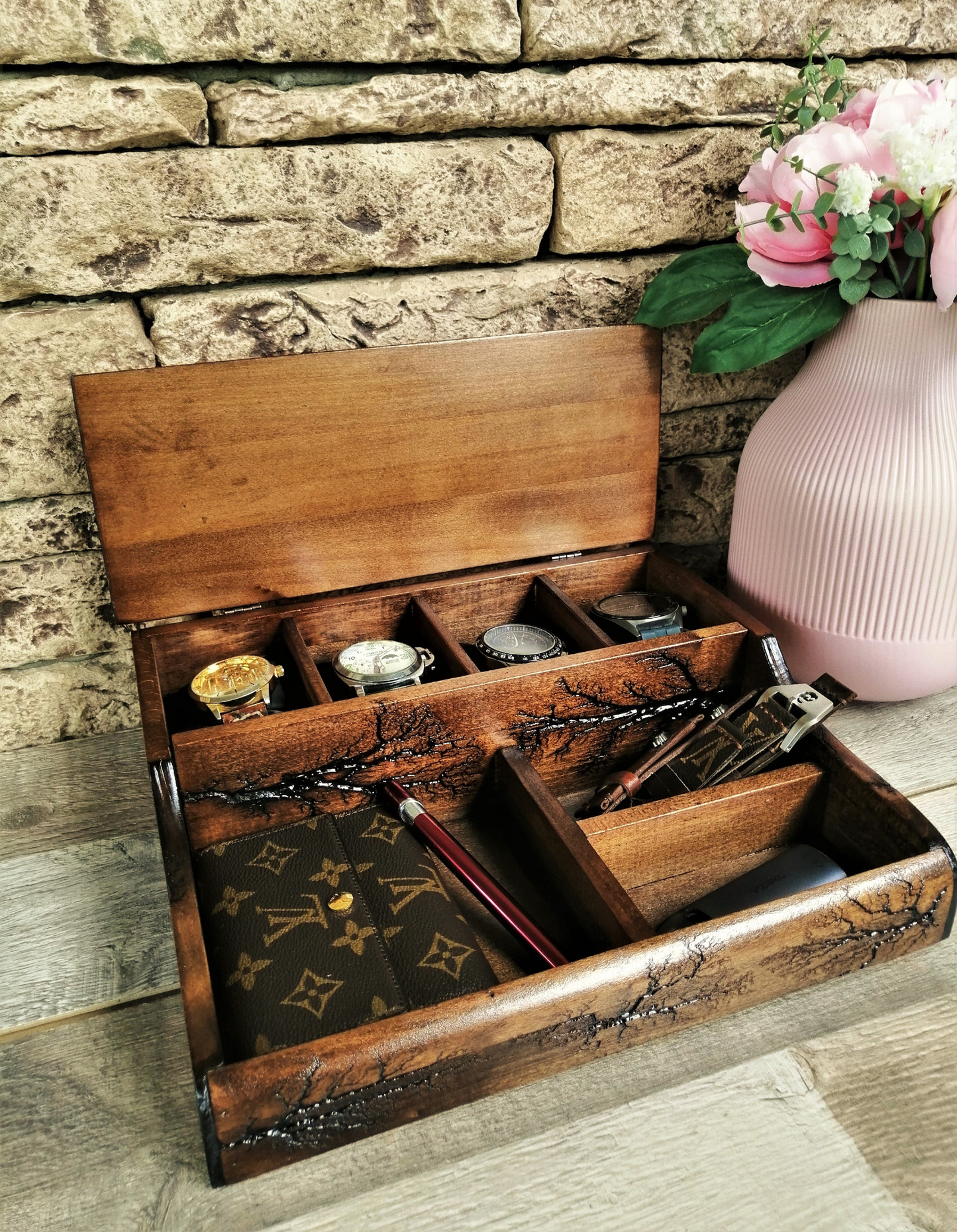 Mens Watch and Jewelry Organizer, luxury box for 4 watches, Gifts Ideas for Men