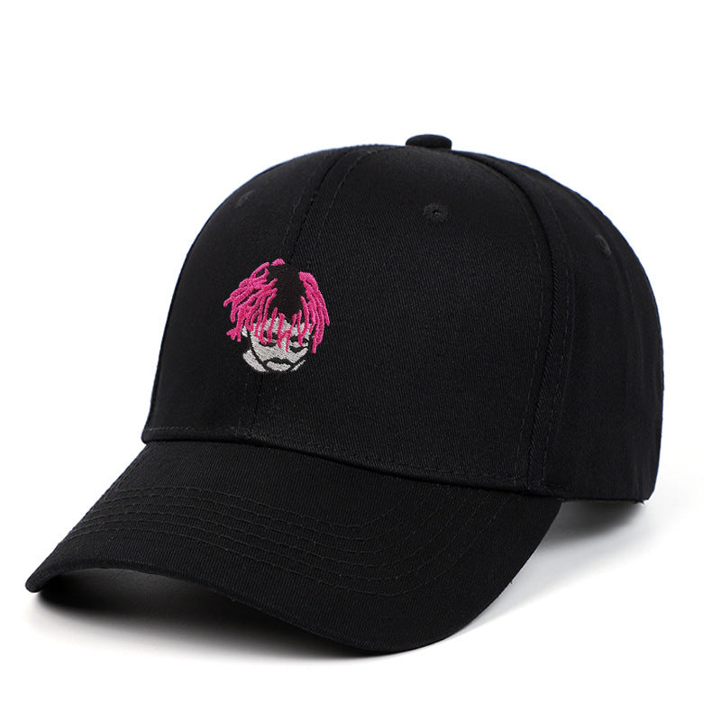 a black hat with pink hair on it