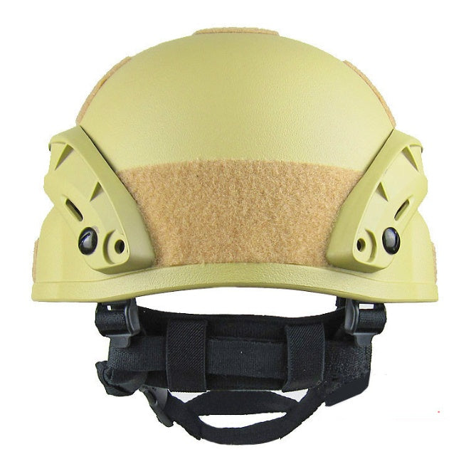 a tan helmet with black straps