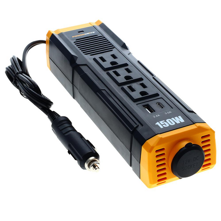 a black and yellow power strip with a plug